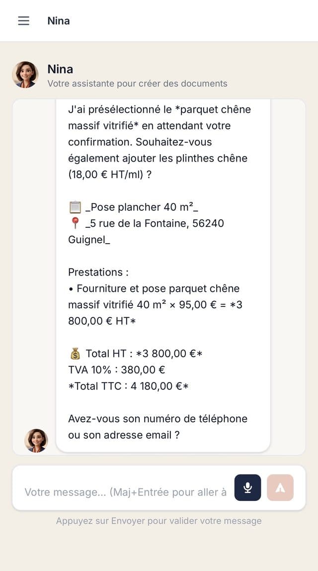 Nina crée un devis dans l'application
